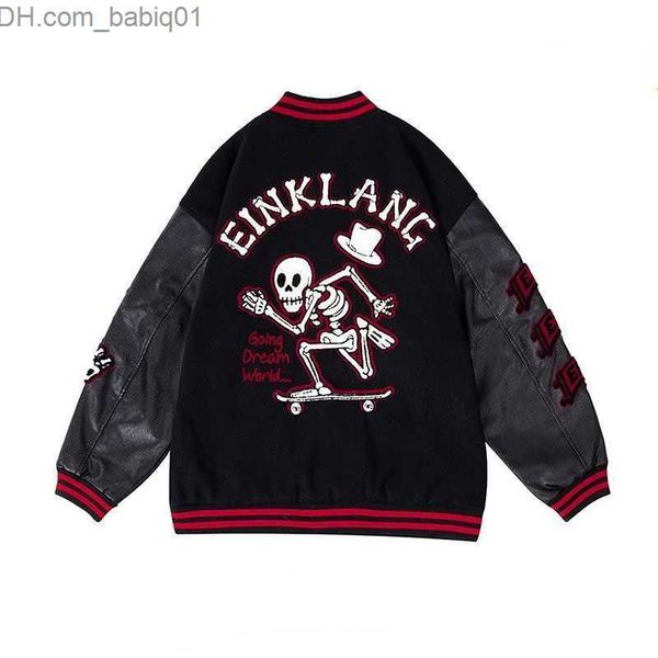 

men's jackets y2k harajuku skull embroidery jacket men women 2023 new retro punk rock gothic patchwork baseball uniform coat streetwear, Black;brown