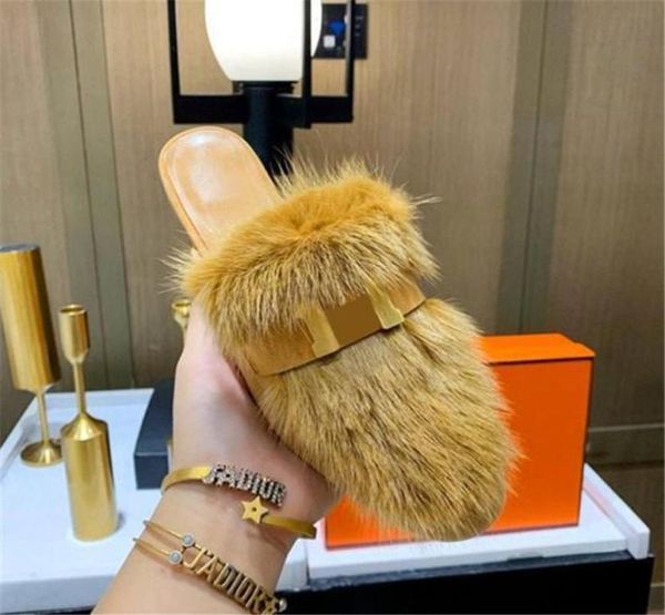 

autumn wool mink hair shoes fashion leisure winter plush slippers indoor le warm fox fur sandals for women slides quality s4760401, Black