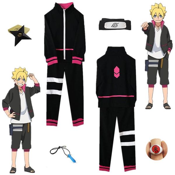 

anime naruto hokage uzumaki boruto cosplay costume coat pants headband uniform full set asian size 281a, Black