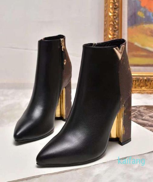

2021 new womens high heels 100mm boot ankle winter real leather pumps paris boots size 35-412046858, Black