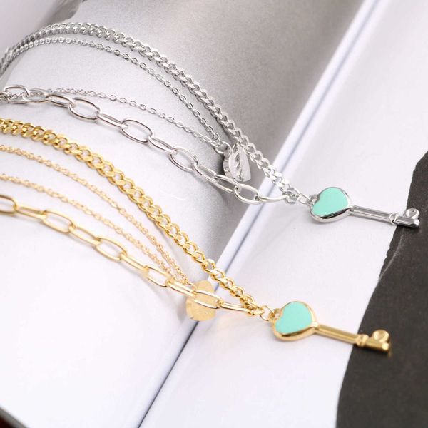 

fashion designer tiff necklace titanium steel 18k gold t family classic blue dropping oil key love double layer necklace women's collar, Silver