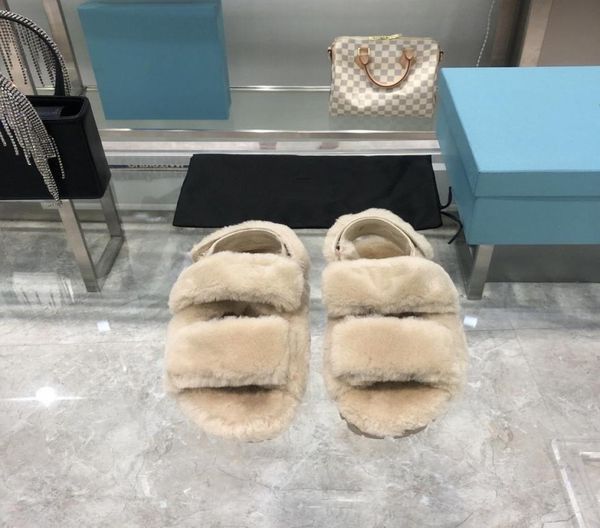 

luxury sheep fur slippers sandals triangle badge tire embossed sole size 35406913302, Black