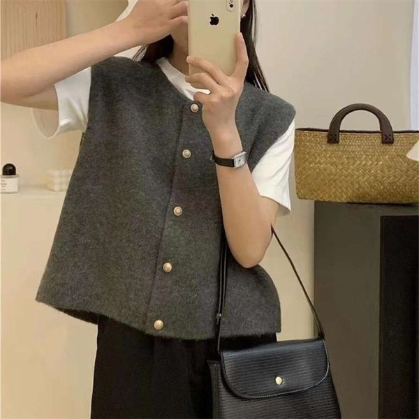 

korean round neck white knitted vest for women autumn single breasted loose outer folding sleeve sweater back, Black;white