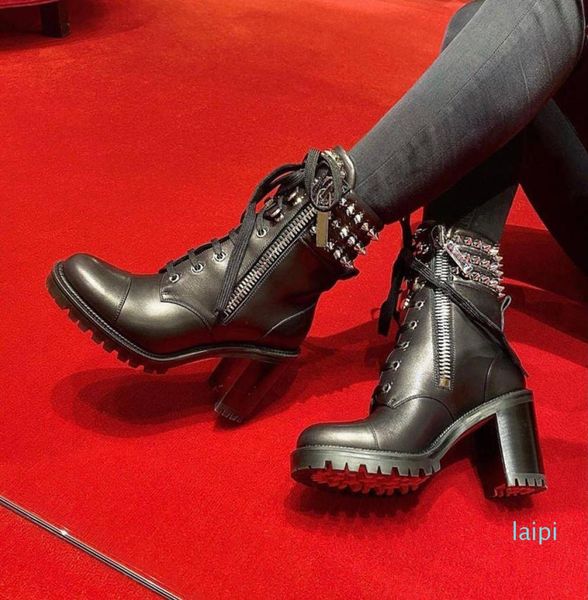 

designer- winter spikes ankle boots women's motorcycle booties elegant leather bootie lady high heels7857088, Black