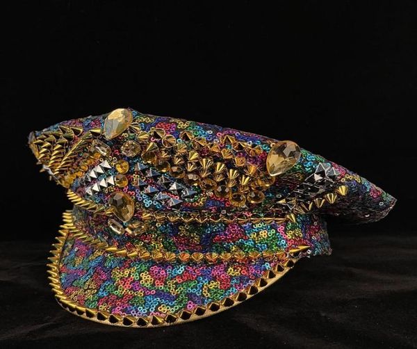 

berets luxury women military hat handmade punk rivet sequin burning captain sergeant pearl rave festival part hatberets1859941, Blue;gray