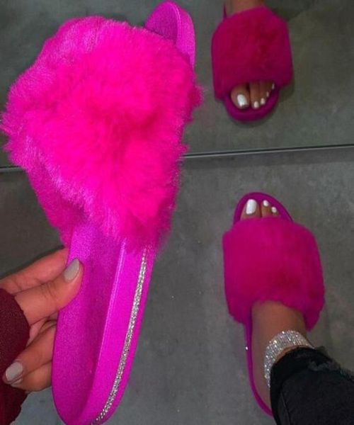 

women 2020 spring indoor home furry slippers warm casual with crystal slippers outdoor wild nonslip color4587589, Black