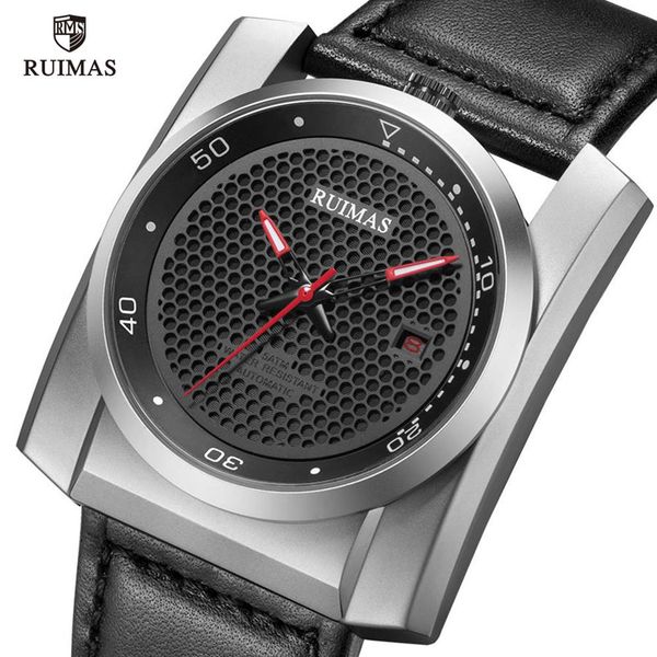 

ruimas military sport automatic watches men square honeycomb dial mechanical wristwatch man luxury leather waterproof watch 6775210q, Slivery;brown
