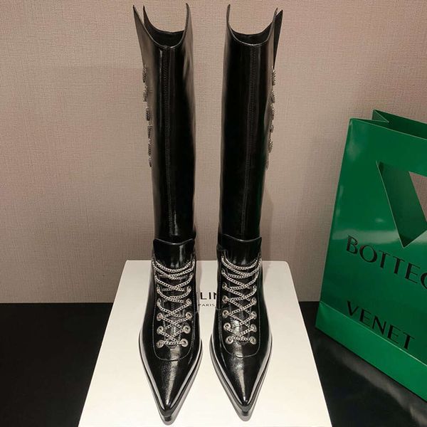 

pointed long boots thick heels women's 2023 new design sense niche v-neck long boots slimming legs high sleeves western boots, Black
