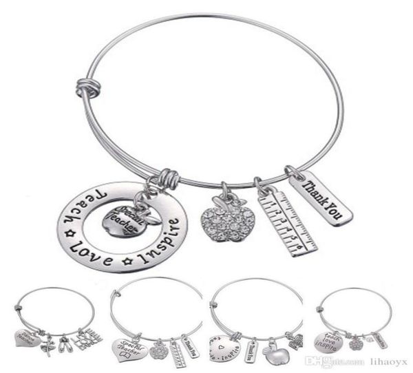 

love inspire teach white crystal apple ruler bracelet stainless steel pendant bangle jewelry gift teacher friend dlh2041979282, Golden;silver