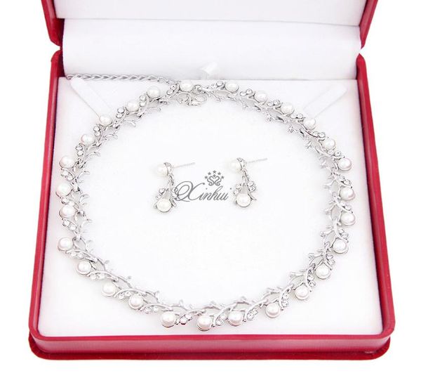 

concise pearl necklace earrings suit bride jewelry marry wedding zircon set chain jewellery 30022507965, Silver