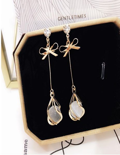 

japan and south korea new bow opal earrings simple versatile hipster earrings drop long style temperament ear clip female wholesal5090246, Golden