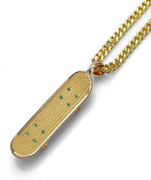 

skateboard mens pendant necklace gold plated copper inlaid zircon skateboard pendant 60cm stainless steel chain hip hop jewelry9682902, Silver