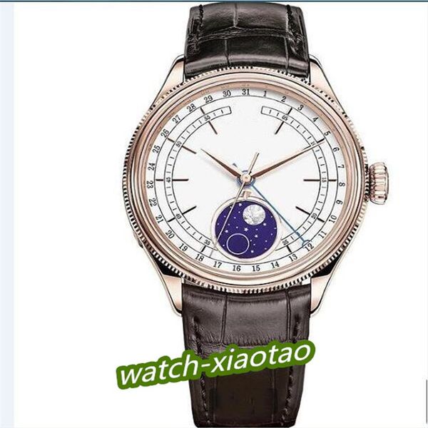 

luxury mens watch moonphase rose gold white dial 39mm automatic mechanical movement sapphire crystal brown leather strap factory m246p, Slivery;brown