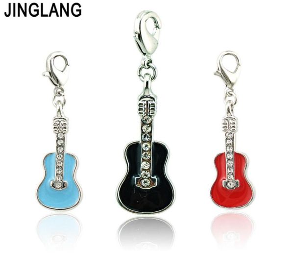 

whole fashion floating lobster clasp charms black enamel rhinestone guitar charms diy for jewelry making accessories4000000, Bronze;silver
