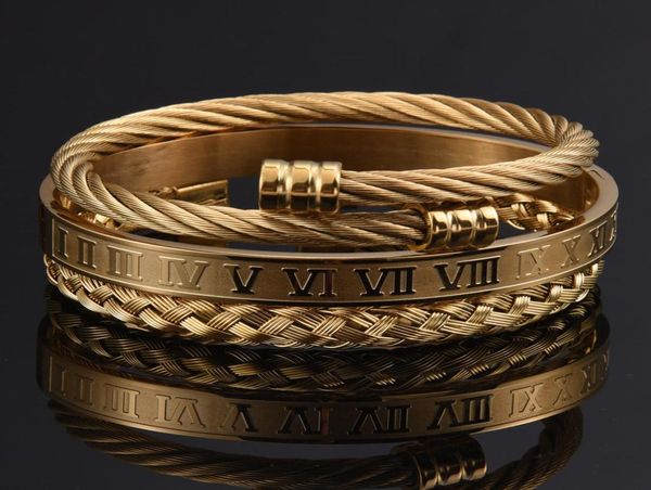 

3pcsset roman numeral men bracelet handmade stainless steel hemp rope buckle open bangles pulseira bileklik luxury jewelry7543518, Golden;silver