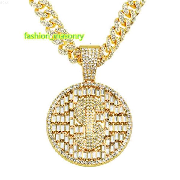 

hip-hop full diamond dollar round card hollowed-out pendant cuban chain necklace men's cool overbearing exaggerated accessories, Silver