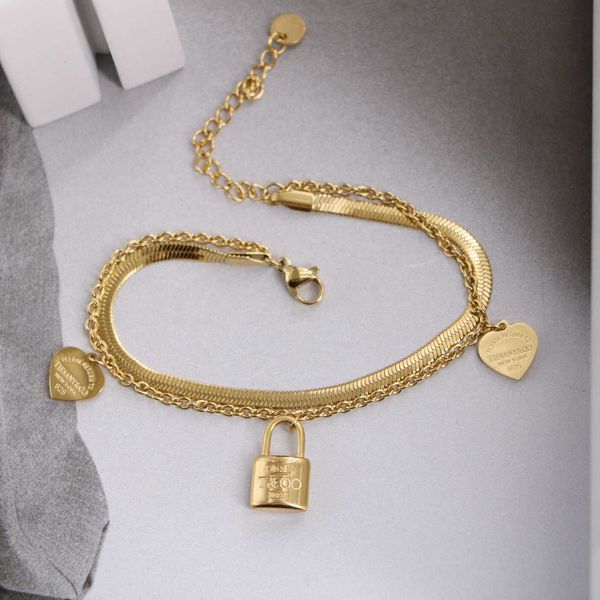 

fashion designer tiff necklace titanium steel age reducing versatile korean version 18k gold t family printed love novel double layer bracel, Golden;silver