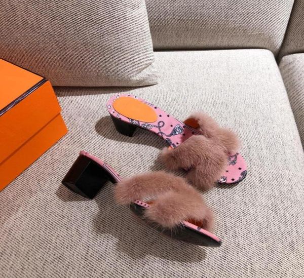 

2022 european and american fashion indoor wool slippers girl039s fur shoes leather bottom real ladies furry womens thick heel f2801746, Black
