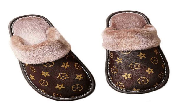 

pu leather slippers printed plush cotton slipper women indoor house shoes flat cozy home slippers winter warm flip flops h12165083, Black