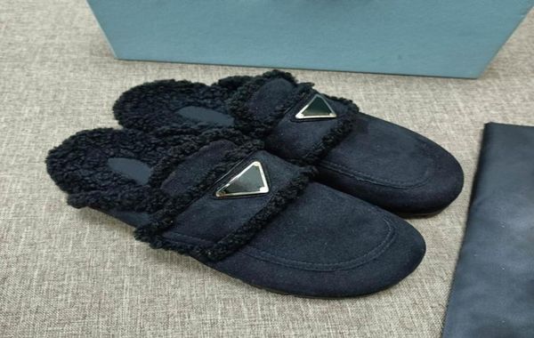 

2021 designer suede leather loafers fur letters muller slipper with buckle fashion women princetown ladies casual fur mules flats 9125738, Black