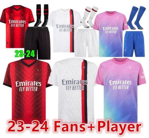

23 24 giroud pulisic soccer jerseys 2023 24 rebic theo bennacer kessie de ketelaere rafa leao football shirts ac milans player men kids kit, Black;yellow