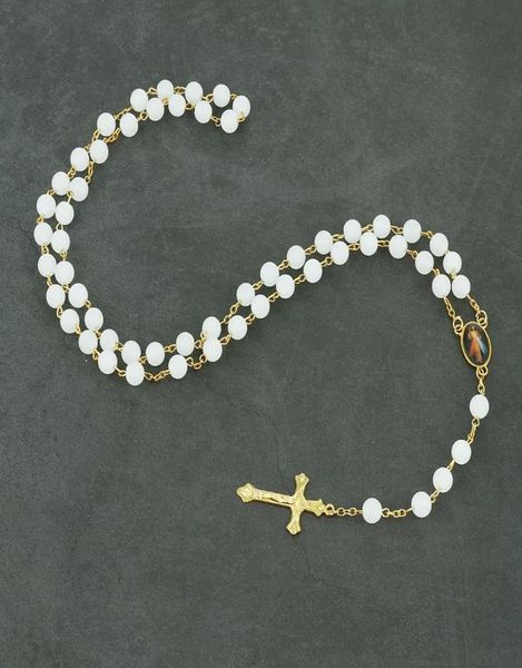 

glass white virgin mary jesus mercy rosary pendant necklace our lady of grace guadalupe necklace women catholic prayer jewelry1158070, Silver