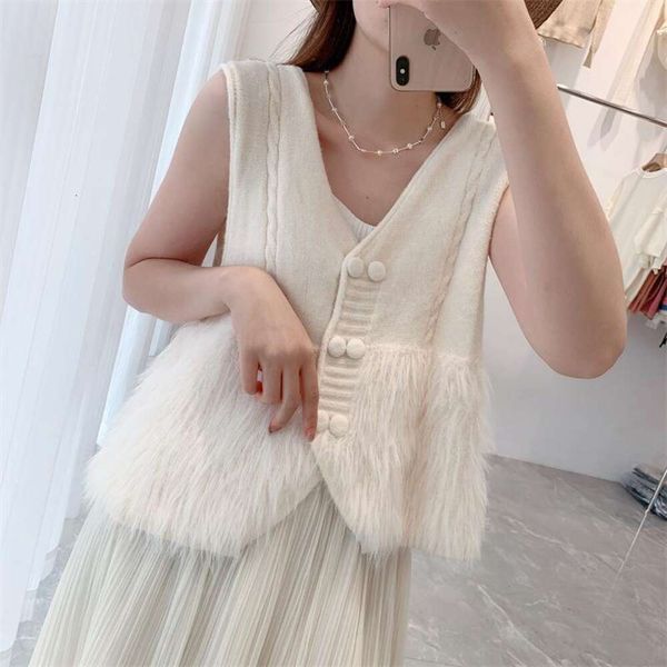 

autumn and winter style knitted vests imitation mink fur vest female temperament sleeve v neck stitching cardigan, Black;white