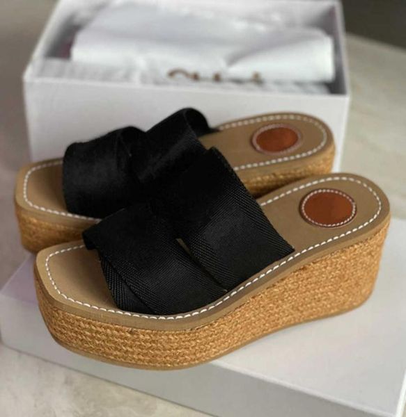 

designer women slippers woody wedge mule glyn platform espadrille white printing letter canvas sandal high heels flat rubber botto8325071, Black