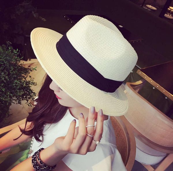 

spring and summer sun lady jazz big beach woven straw hat013742711, Blue;gray