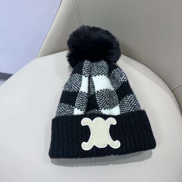 

french designer knit hat women's luxury celns' arc de triomphe beanie caps autumn and winter plaid hairball cel hat, Blue;gray
