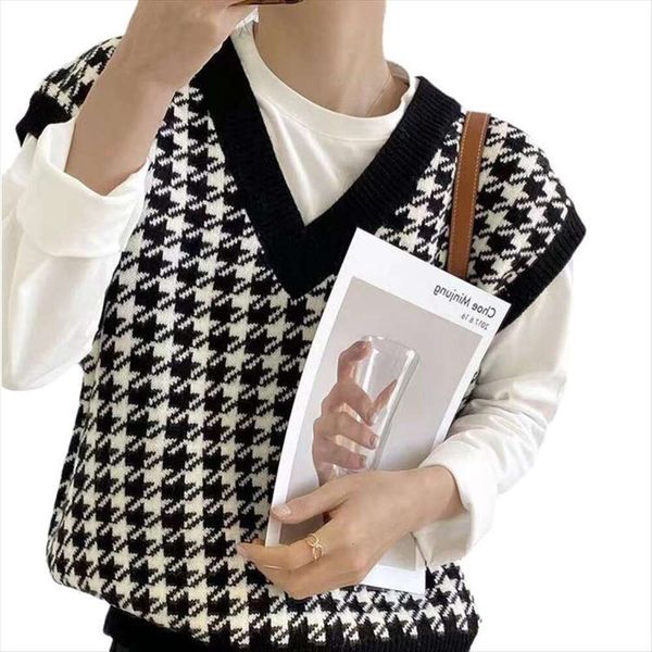

fashion v neck houndstooth vest for women autumn lazy wind loose folding versatile knitted, Black;white