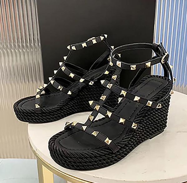 

women leather stud platform wedge sandals espadrille shoes high heel summer sandals ladies party shoes with box 27368453, Black