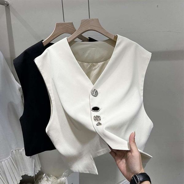 

thin suit vest jacket for women summer style decorative button clip sleeveless short design top, Black;white