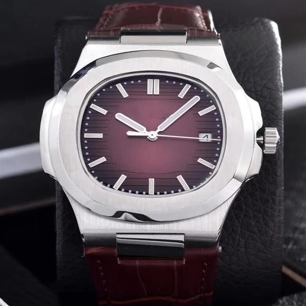 

5 color luxury nautilus blue dial mens watches 40mm stainless steel mechanical automatic movement men's watches leather leath2249, Slivery;brown