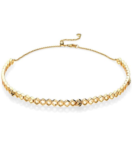 

925 sterling silver gold color honeycomb shape shine honeybee choker necklace for women wedding gift europe jewelry9035013