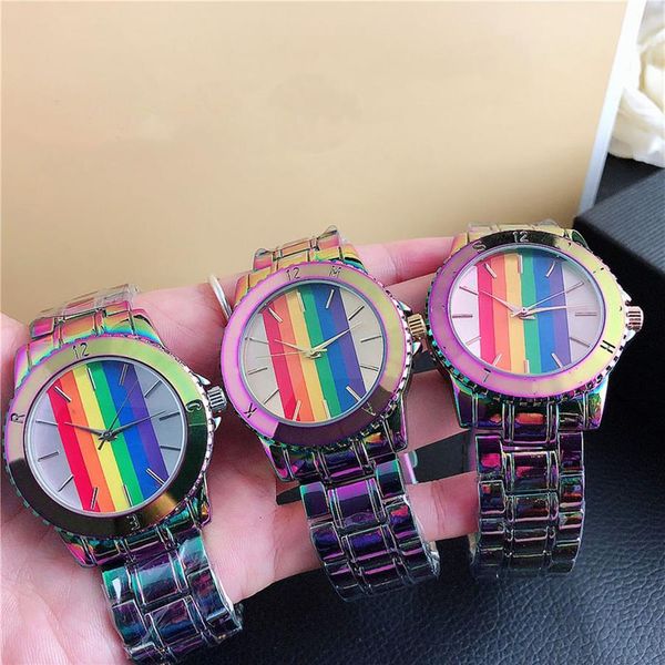 

brand quartz wrist watches for men women girl rainbow colorful style matel steel band watch m93314k, Slivery;brown