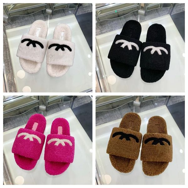 

designer slippers designer women bedroom home wool slides slippers classic luxury mules fur fluffy furry warm letters sandals autumn winter, Black
