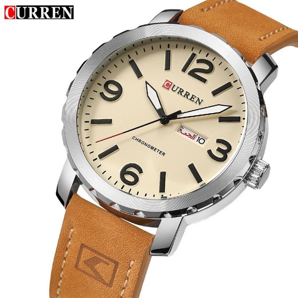 

curren men's watch leather strap quartz wristwatch casual business date waterproof male clock relogio masculino montre homme251v, Slivery;brown