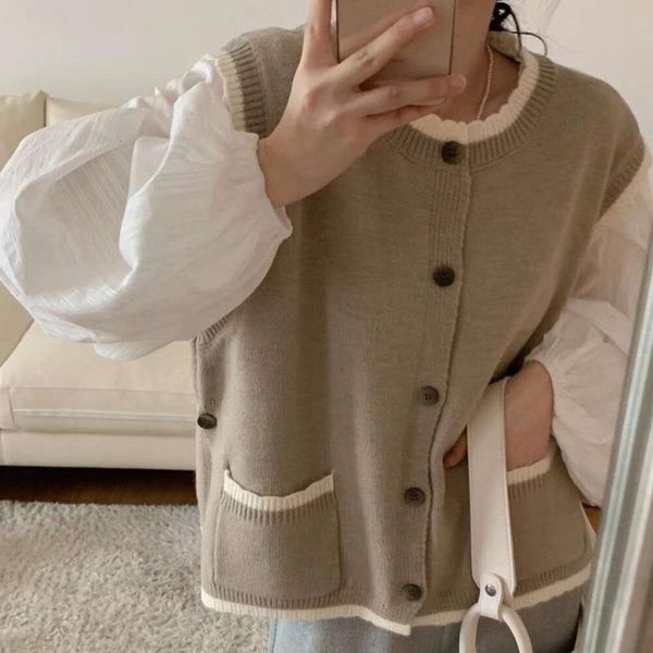 

retract style double pocket sweater vest for women lazy folding age reducing design knitted, Black;white