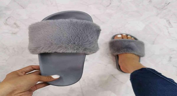 

fashion one drop plush women slippers wear resistant female shoes flat sliding fur woman interior furry domestic1104847, Black