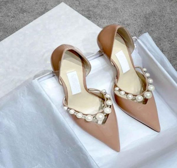 

luxurious brands aurelie sandals nude black white patent leather pumps pearls strappy pointed toe wedding party bridal high heels 9951919