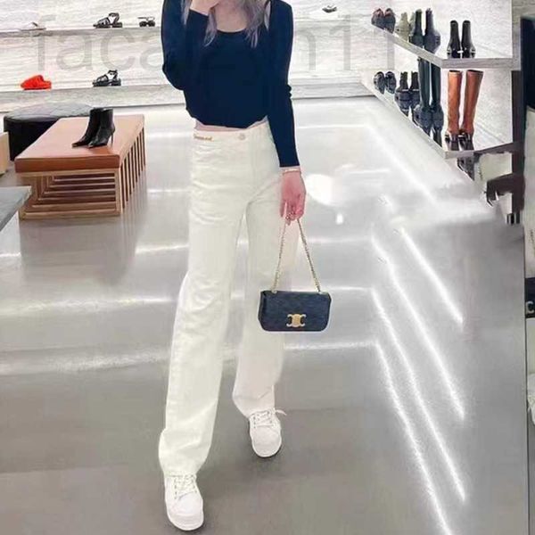 

womens luxury jeans designer correct version spring/summer new metal chain high waist slim pants white straight leg wide, Blue