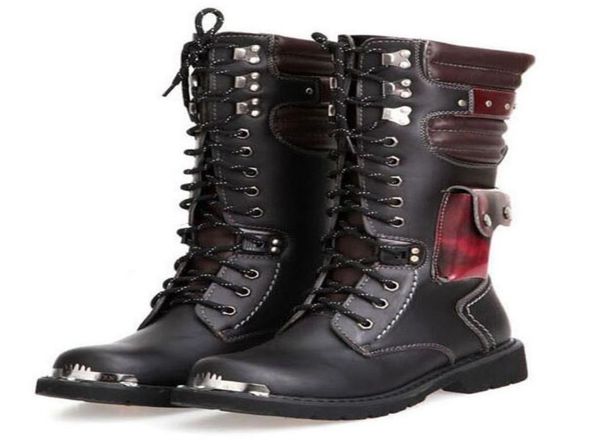 

2020 designer punk rock military boot for men combat man039s knee high motorcycle boots leather army male tooling punk rock boo4273919, Black