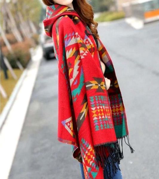 

ladies warm winter hooded wrap poncho wool scarves capemantle ponchos and capes aztec outwear casacos femininos tippet13281392, Blue;gray