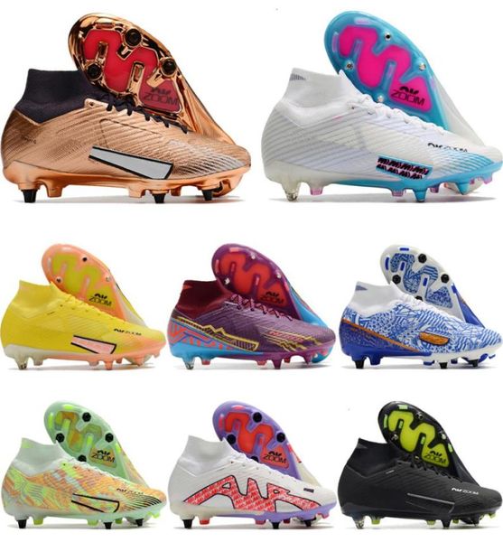 

send with bag quality soccer boots zoom mercurial superfly 9 elite sg metal spikes cr7 ronaldo mbappe acc football cleats high ank6103720, Black