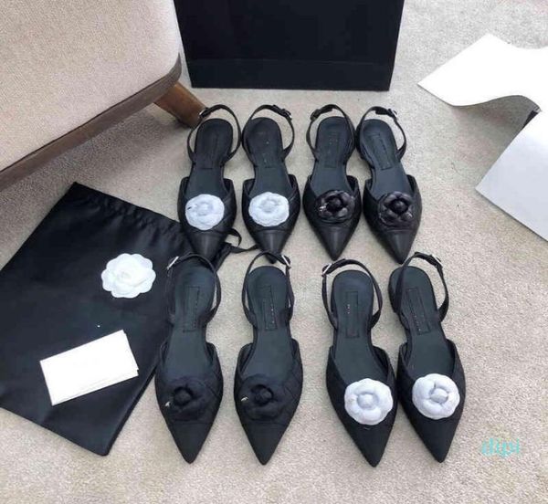 

2022sandals version high c family small fragrance sandals women039s camellia flower pointed back empty flat bottom oneline bu5248528, Black