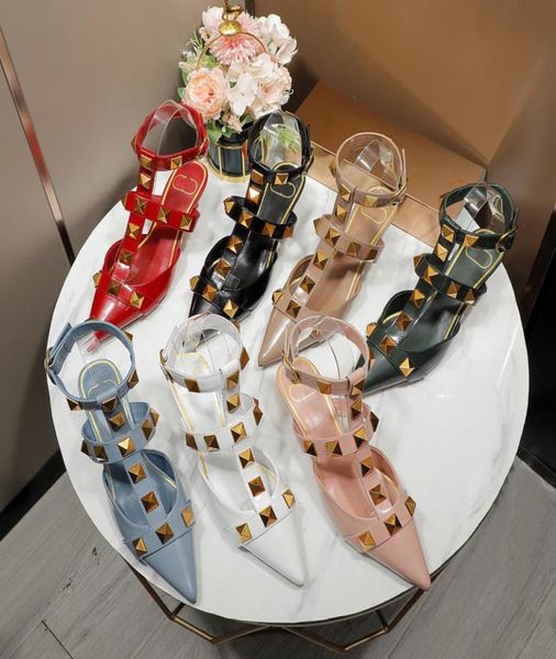 

2022 luxury womens rivets sandals summer fashion genuine leather tstrap 45cm high heels designers woman flat dress 8932642, Black