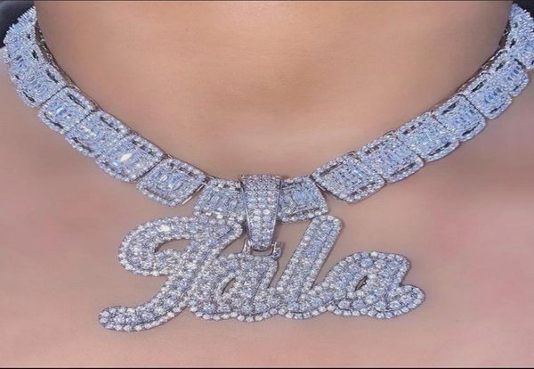 

uwin custom brush cursive letter pendant name necklace baguettes chain micro paved cz personalized hiphop jewelry2340512, Silver