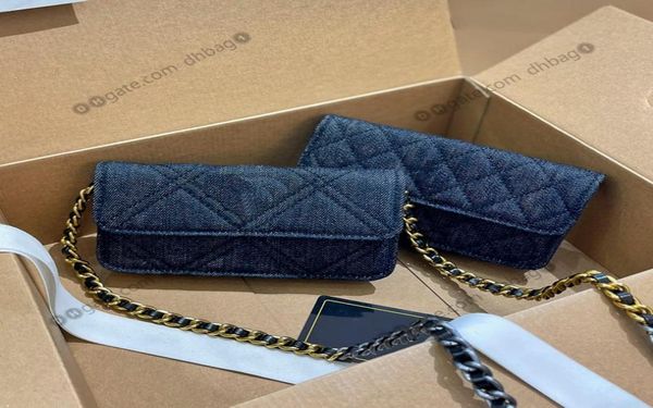 

15x8cm womens french 19 woc designer wallets blue denim diamond pattern quilted luxury handbag gold hardware shoulder crossbody co2602921, Red;black