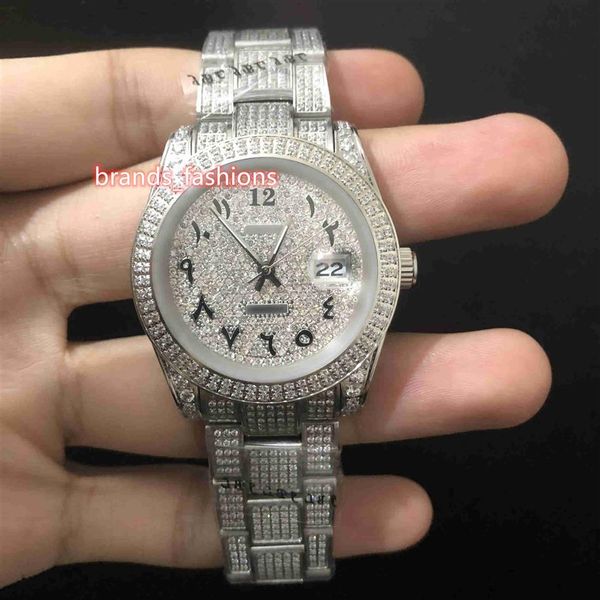 

new men's ice diamond wristwatch arabic digital scale watch silver stainless steel case diamond strap automatic mechanical wa264q, Slivery;brown
